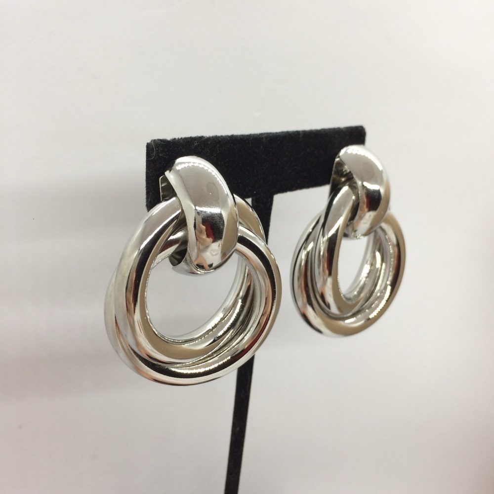 VINTAGE 80S 90S LARGE HOOP EARRINGS DOUBLE CIRCLES SILVER TONE STATEMENT - Picture 4 of 13